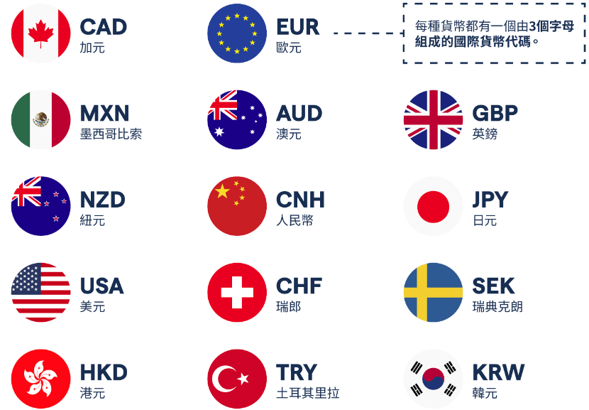 一張圖片上展示了加元、歐元、澳元、美元等貨幣的符號 一張圖片上展示了加元、歐元、澳元、美元等貨幣的符號