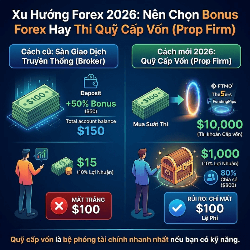 Xu Hướng Forex 2026: Nên Chọn Bonus Forex Hay Thi Quỹ Cấp Vốn (Prop Firm)
